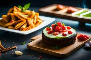 ein Dessert mit Erdbeeren und andere Essen auf ein hölzern Tisch. KI-generiert foto