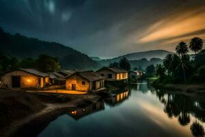 Foto Hintergrund das Himmel, Wasser, Berge, Haus, Fluss, Sonnenuntergang, Vietnam. KI-generiert