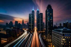 das Stadt Horizont beim Nacht mit lange Belichtung. KI-generiert foto