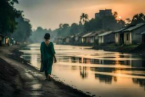 ein Frau Spaziergänge entlang ein Fluss beim Sonnenuntergang. KI-generiert foto