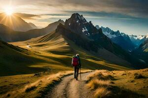 ein Mann Spaziergänge auf ein Pfad im das Berge. KI-generiert foto