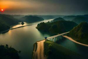 Foto Hintergrund das Himmel, Straße, Brücke, Wasser, Berge, Sonnenaufgang, Vietnam. KI-generiert
