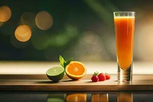 ein Glas von Orange Saft mit Erdbeeren und Himbeeren. KI-generiert foto