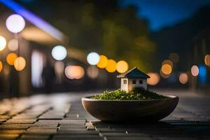 ein klein Haus im ein Schüssel auf das Straße beim Nacht. KI-generiert foto