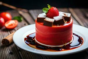 ein Dessert mit Erdbeeren und Schokolade auf ein Weiß Platte. KI-generiert foto