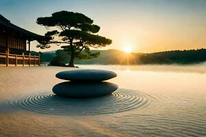 ein japanisch Pagode im das Sand mit zwei Steine. KI-generiert foto