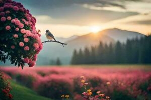 Foto Hintergrund das Himmel, Blumen, Vogel, Blumen, Berge, Sonnenuntergang, Blumen, Vogel,. KI-generiert