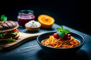 ein Teller von Spaghetti und ein Burger auf ein hölzern Tisch. KI-generiert foto