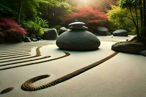 ein Zen Garten mit Felsen und ein Weg. KI-generiert foto