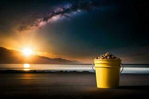 ein Eimer von Erdnüsse auf das Strand beim Sonnenuntergang. KI-generiert foto