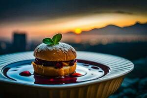 ein Dessert auf ein Teller mit ein Sonnenuntergang im das Hintergrund. KI-generiert foto