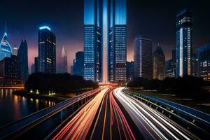 ein Stadt beim Nacht mit der Verkehr Beleuchtung und Gebäude. KI-generiert foto