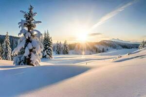 Schnee bedeckt Bäume im das Sonne. KI-generiert foto