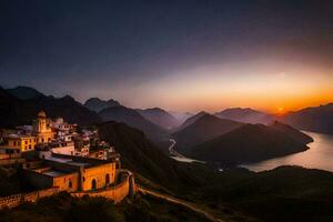 das Sonne setzt Über ein Berg Dorf im China. KI-generiert foto