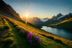 das Sonne steigt an Über das Berge und See im diese schön Landschaft. KI-generiert foto