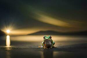 ein Frosch Sitzung auf das Strand beim Nacht mit das Sonne im das Hintergrund. KI-generiert foto