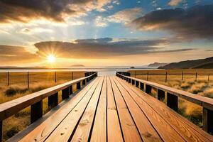 ein hölzern Brücke Über ein Feld beim Sonnenuntergang. KI-generiert foto