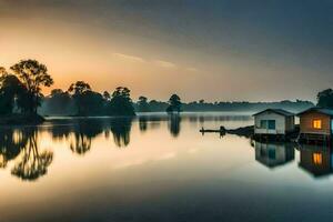 ein Haus auf das Wasser beim Sonnenaufgang. KI-generiert foto