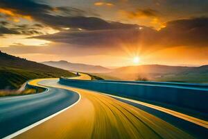 ein Autobahn mit das Sonne Rahmen hinter Es. KI-generiert foto