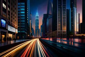 ein Stadt Straße beim Nacht mit Licht Wanderwege. KI-generiert foto