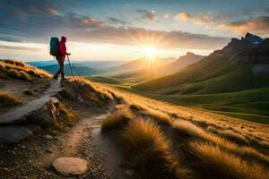 ein Wanderer im das Berge. KI-generiert foto