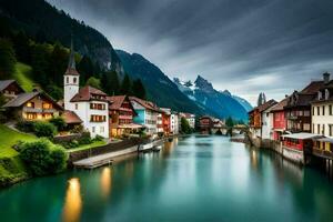 ein Fluss läuft durch ein Stadt, Dorf im das Berge. KI-generiert foto