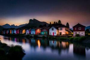 Foto Hintergrund das Himmel, Berge, Fluss, Häuser, das Nacht, das Berge, das Fluss. KI-generiert