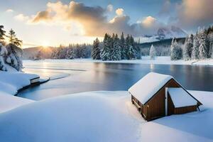 ein Kabine im das Schnee durch ein See. KI-generiert foto