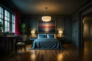 ein Schlafzimmer mit dunkel Holz Böden und ein groß malen. KI-generiert foto