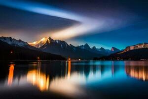 ein Berg Angebot ist reflektiert im das Wasser beim Nacht. KI-generiert foto