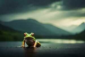 ein Frosch Sitzung auf das Boden im Vorderseite von ein See. KI-generiert foto