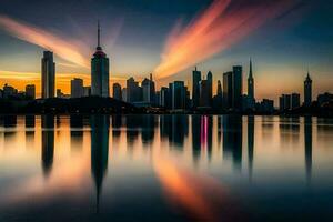 das Stadt Horizont beim Sonnenuntergang im Dubai. KI-generiert foto