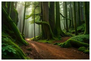 ein Pfad durch ein Wald mit moosig Bäume. KI-generiert foto