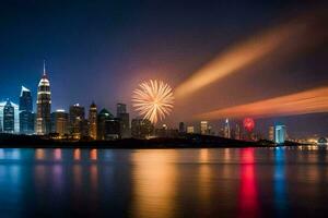 Feuerwerk Über das Stadt Horizont beim Nacht. KI-generiert foto