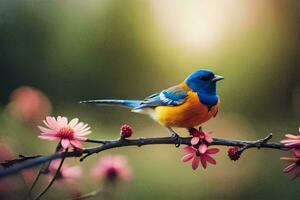 ein Blau und Orange Vogel sitzt auf ein Ast mit Rosa Blumen. KI-generiert foto