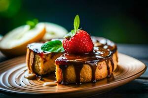 ein Stück von Kuchen mit Erdbeeren und ein Scheibe von Apfel. KI-generiert foto