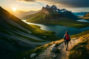 ein Mann Spaziergänge auf ein Pfad im das Berge. KI-generiert foto