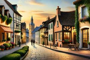 Foto Hintergrund das Himmel, Straße, Häuser, Menschen, Sonnenuntergang, Europa, das Stadt,. KI-generiert