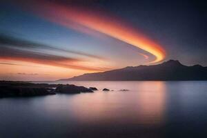 ein Sonnenuntergang Über das Ozean mit ein lange Belichtung. KI-generiert foto