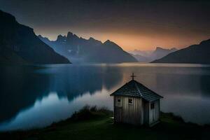 ein klein hölzern Hütte sitzt auf das Ufer von ein See. KI-generiert foto