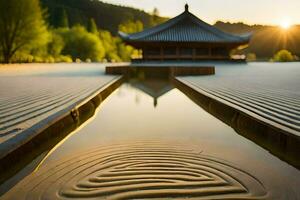 ein Pagode im das Mitte von ein Teich mit Wasser und Sand. KI-generiert foto