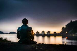 ein Mann Sitzung auf das Kante von ein See beim Sonnenuntergang. KI-generiert foto