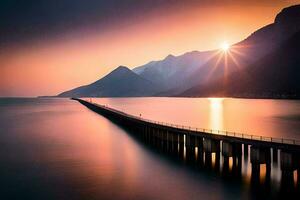 das Sonne ist Rahmen Über ein lange Seebrücke im das Ozean. KI-generiert foto