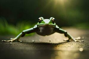 ein Frosch ist Stehen auf das Boden mit das Sonne leuchtenden. KI-generiert foto