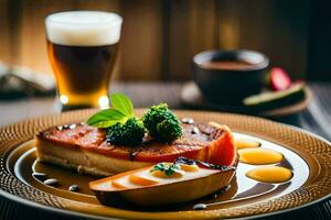 ein Teller mit Essen und ein Glas von Bier. KI-generiert foto