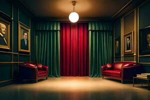 ein Zimmer mit rot Liegen und ein rot Vorhang. KI-generiert foto