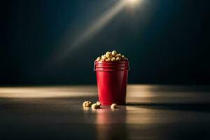 ein rot Tasse gefüllt mit Popcorn auf ein dunkel Tisch. KI-generiert foto