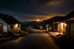 ein Straße beim Nacht mit ein Haus und ein Berg im das Hintergrund. KI-generiert foto