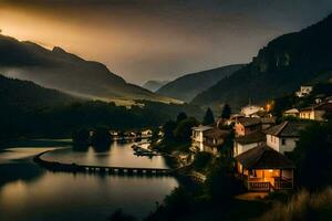 ein Dorf sitzt auf das Kante von ein See im das Berge. KI-generiert foto