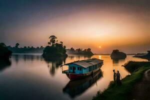 ein Boot auf das Fluss beim Sonnenaufgang. KI-generiert foto